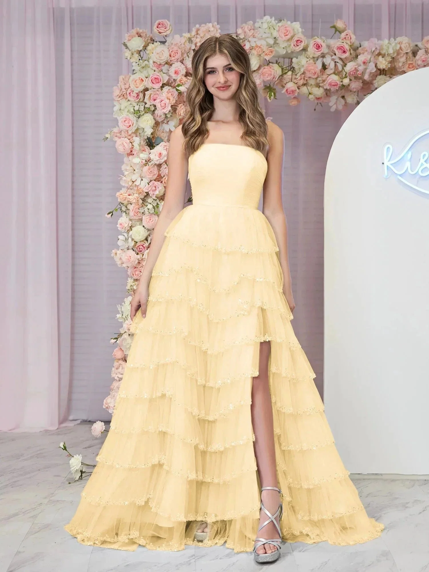 Braelyn | Light Blue Strapless Layered Tulle Prom Dress with Sequins - Image 10