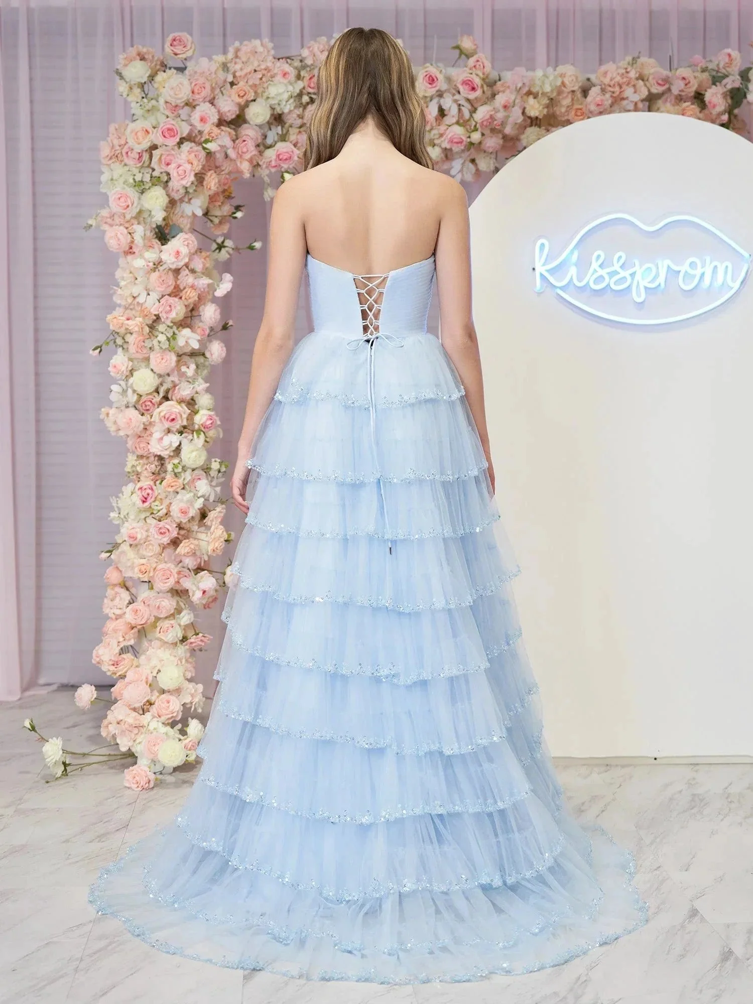 Braelyn | Light Blue Strapless Layered Tulle Prom Dress with Sequins - Image 2
