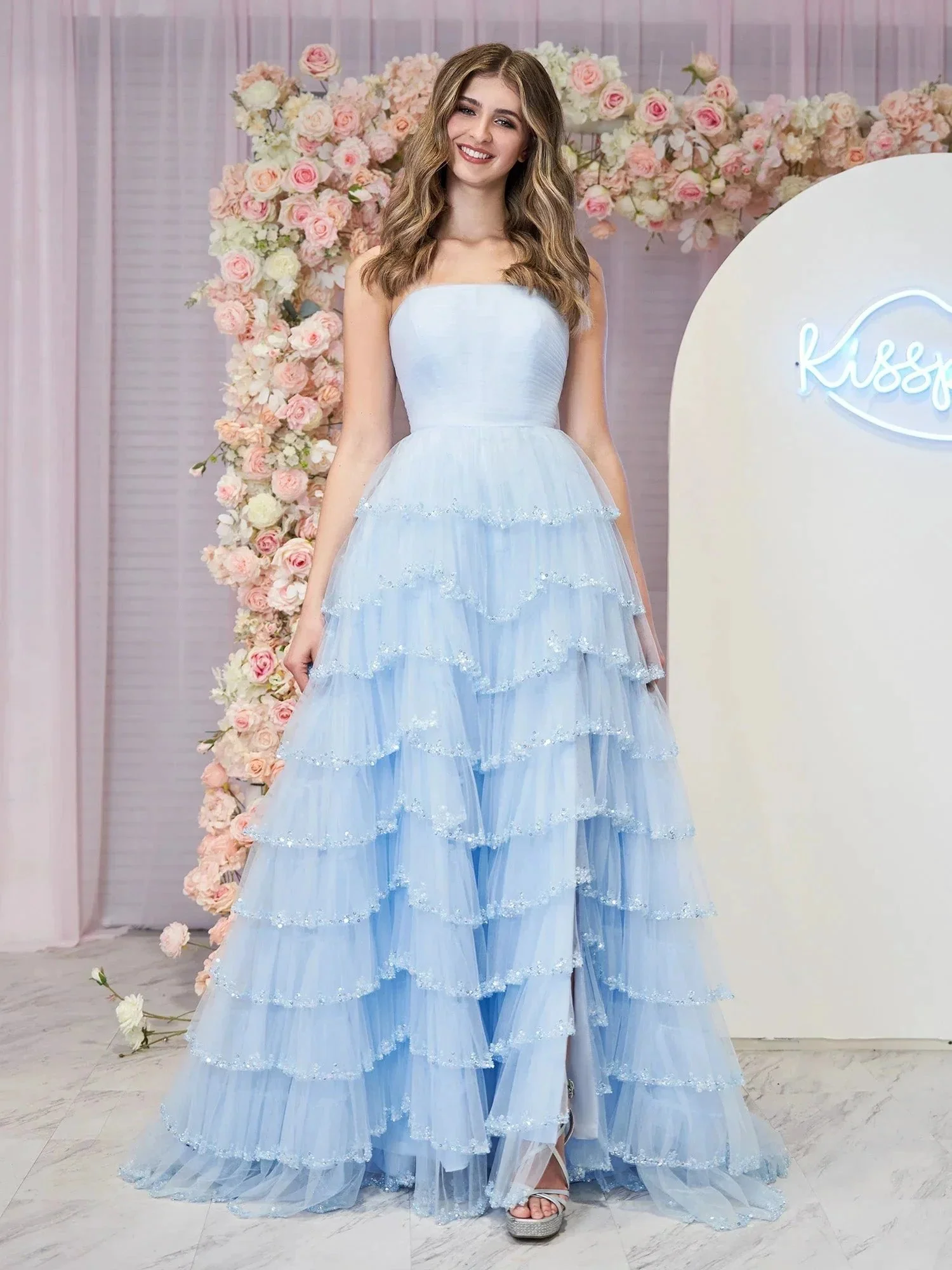 Braelyn | Light Blue Strapless Layered Tulle Prom Dress with Sequins - Image 3