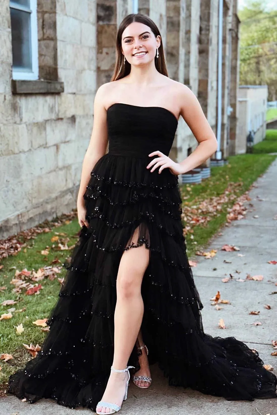 Braelyn | Light Blue Strapless Layered Tulle Prom Dress with Sequins - Image 8