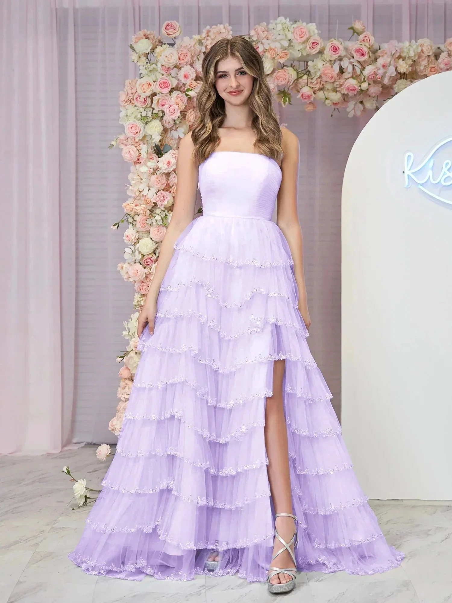 Braelyn | Light Blue Strapless Layered Tulle Prom Dress with Sequins - Image 9