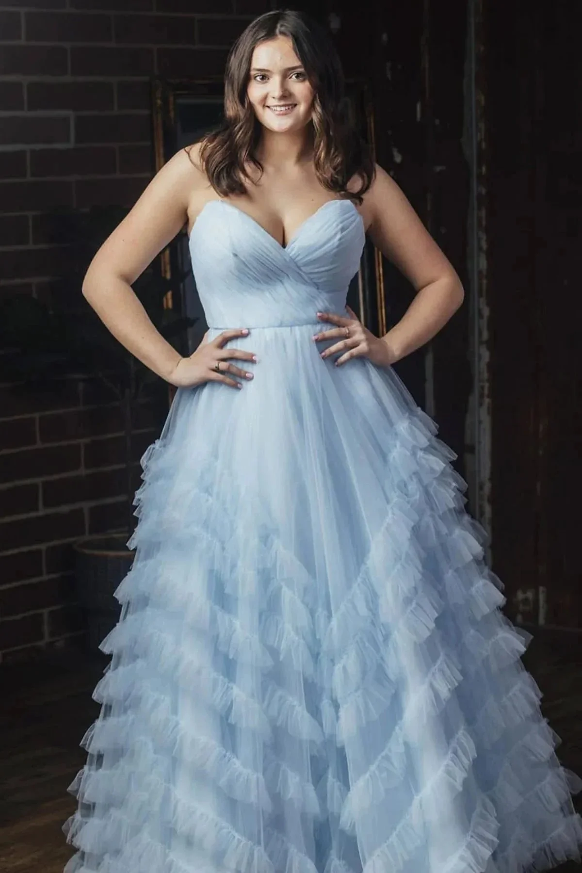 Light Blue Strapless Ruffle Long Prom Dress - Image 2