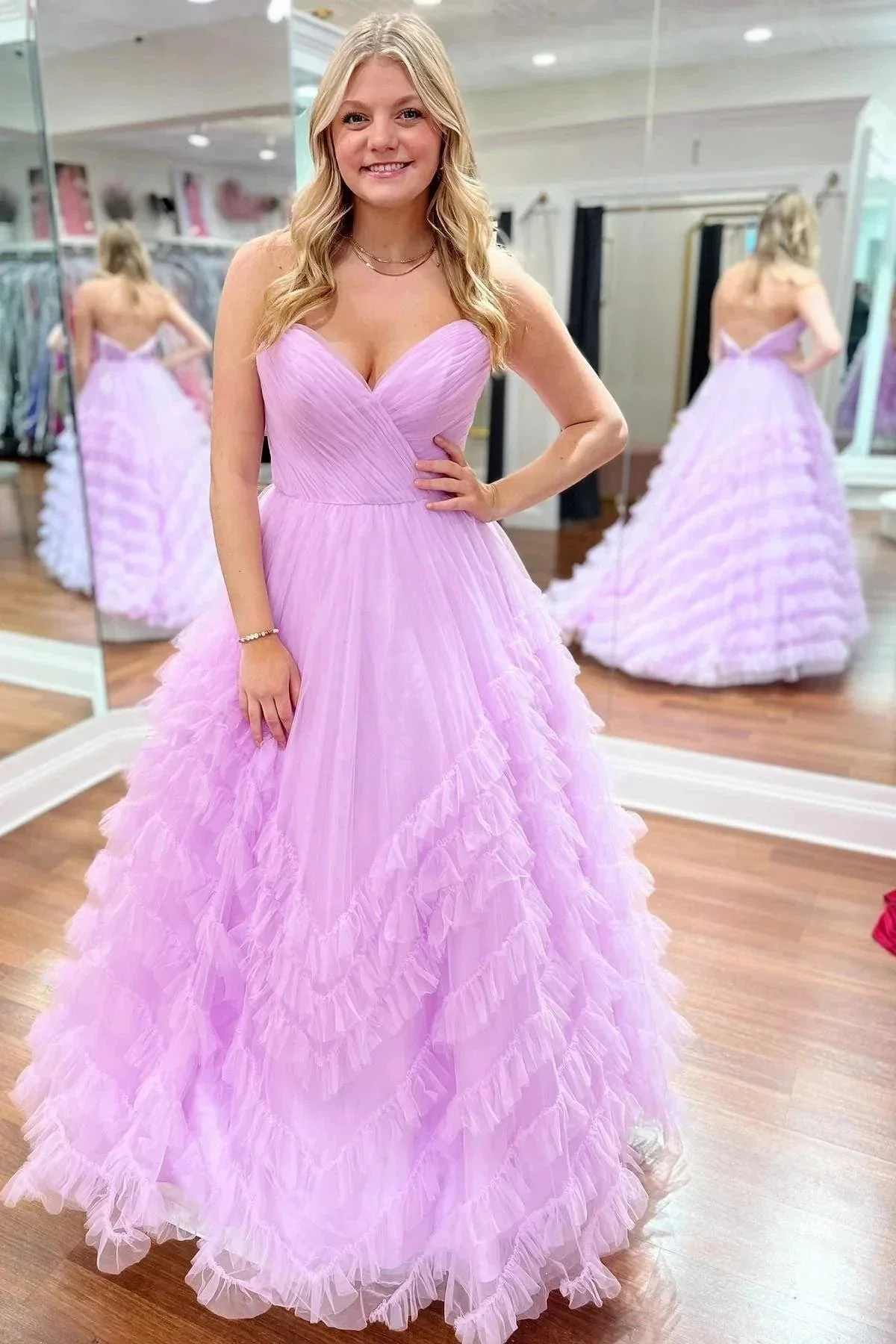 Light Blue Strapless Ruffle Long Prom Dress - Image 3