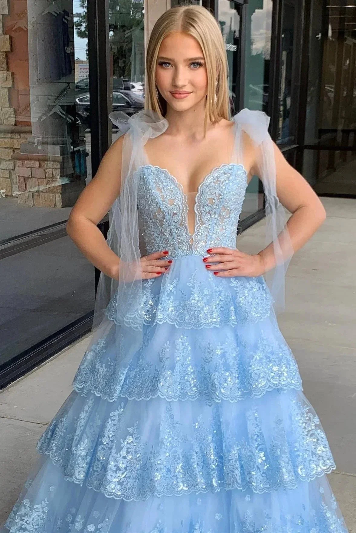 Thelma | Light Blue Tulle Appliques Tying Strap Ruffle Tiered Long Prom Dress - Image 2