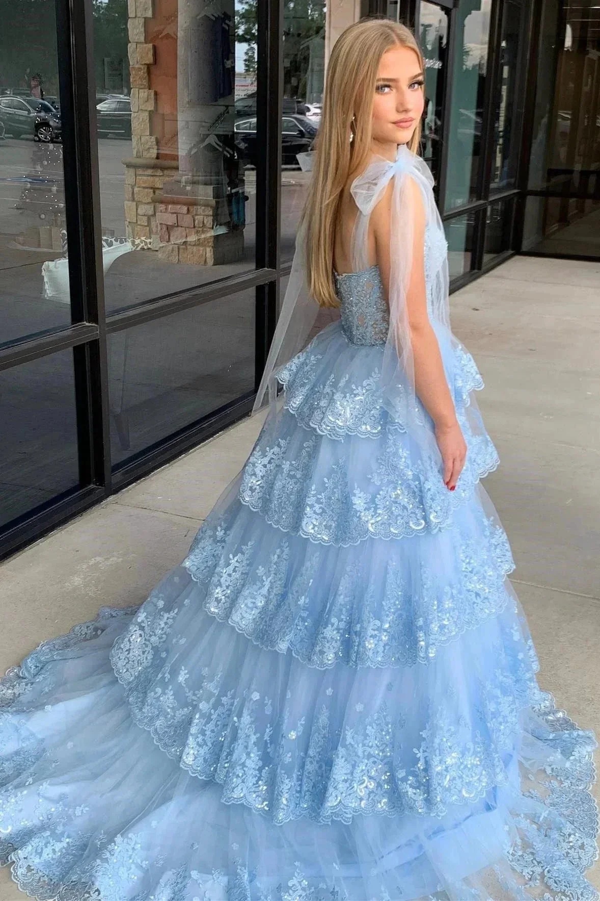 Thelma | Light Blue Tulle Appliques Tying Strap Ruffle Tiered Long Prom Dress - Image 3