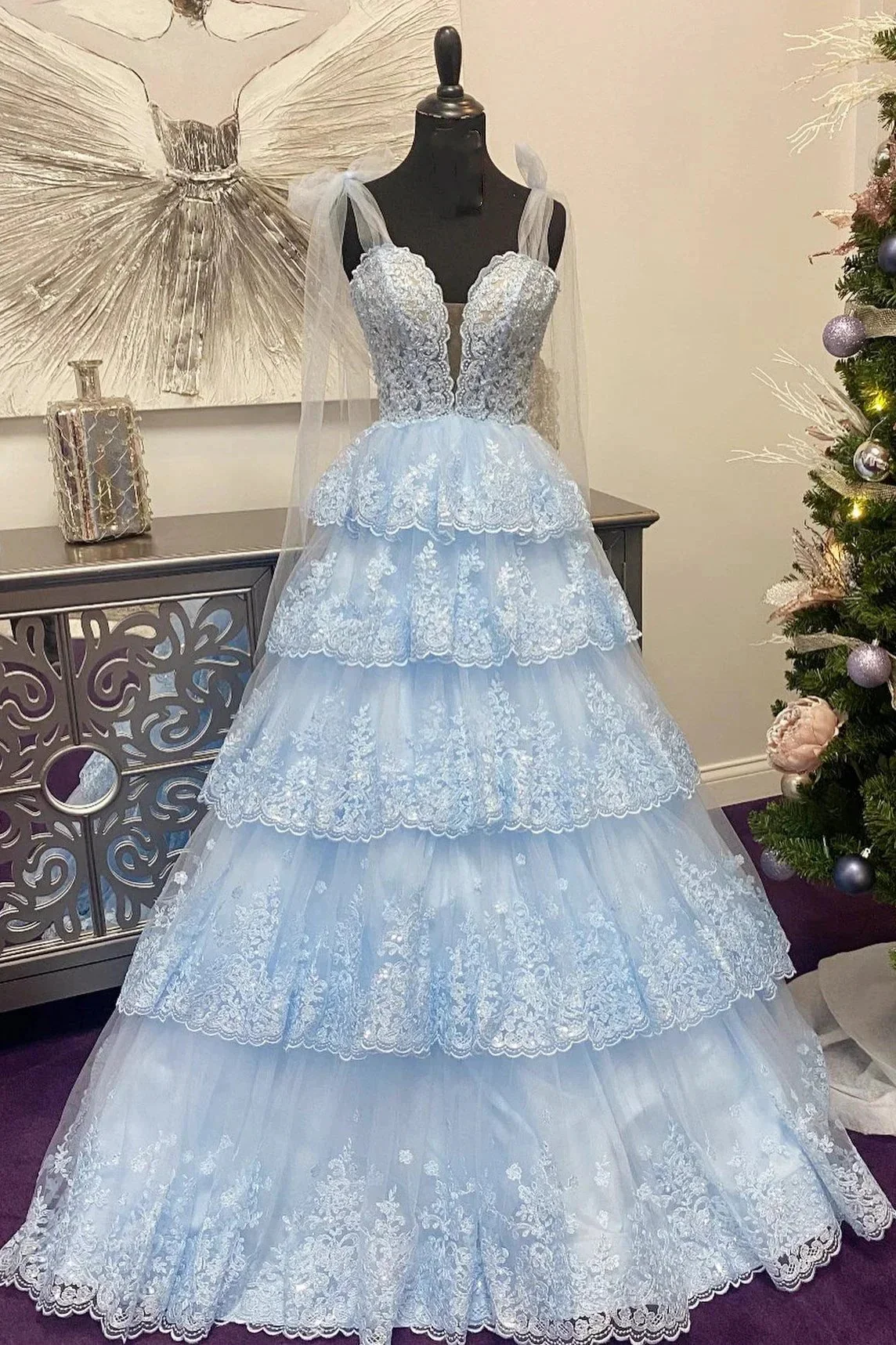 Thelma | Light Blue Tulle Appliques Tying Strap Ruffle Tiered Long Prom Dress - Image 4