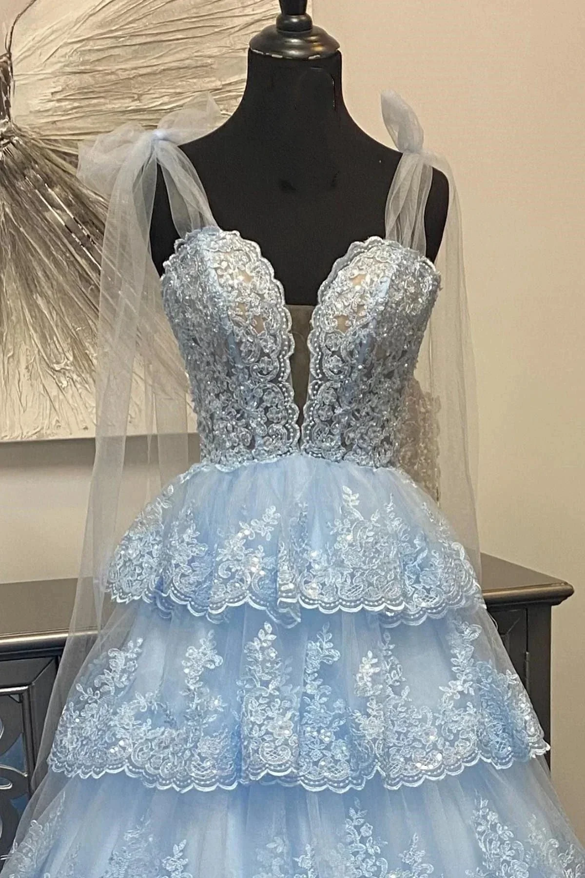 Thelma | Light Blue Tulle Appliques Tying Strap Ruffle Tiered Long Prom Dress - Image 5