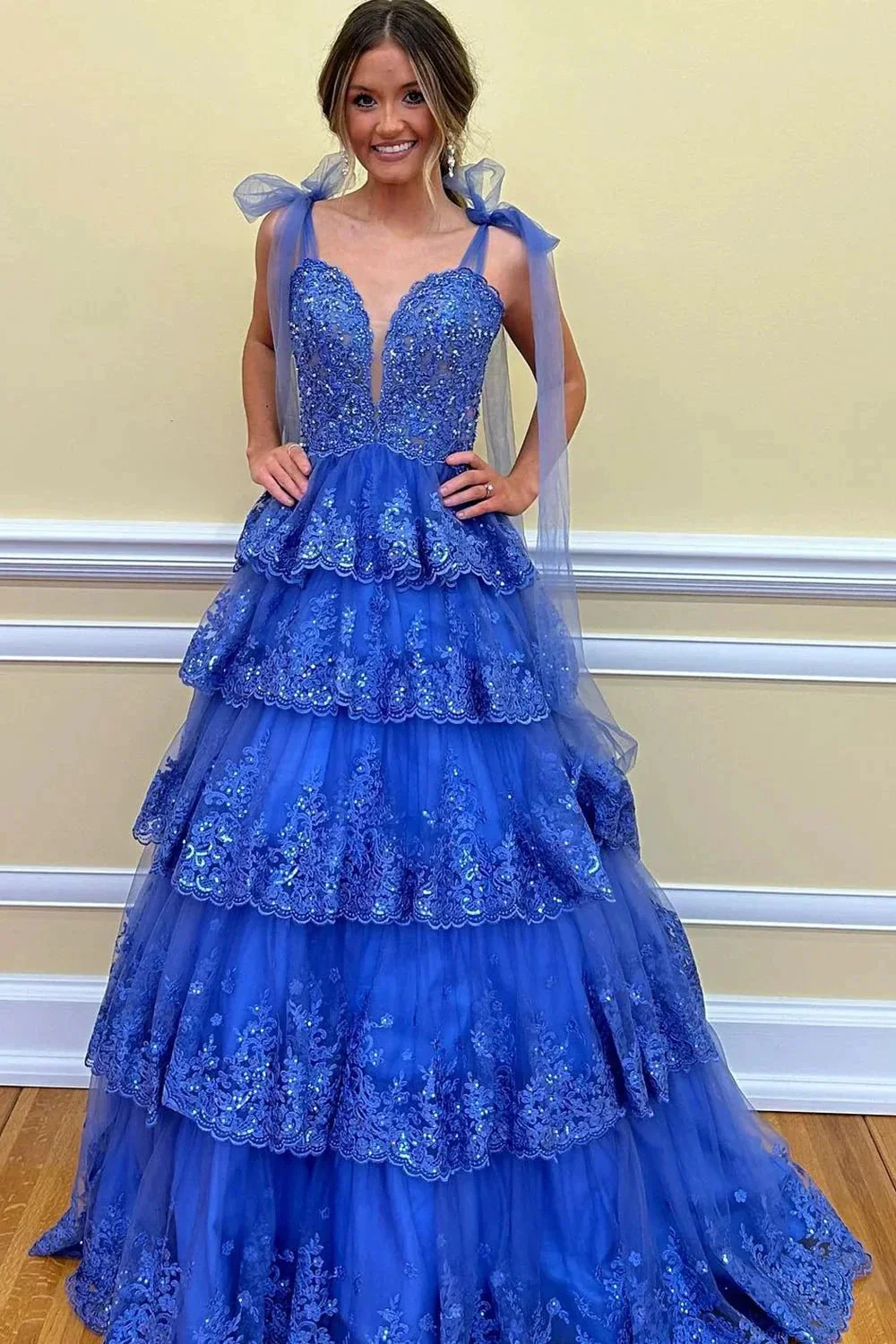 Thelma | Light Blue Tulle Appliques Tying Strap Ruffle Tiered Long Prom Dress - Image 6
