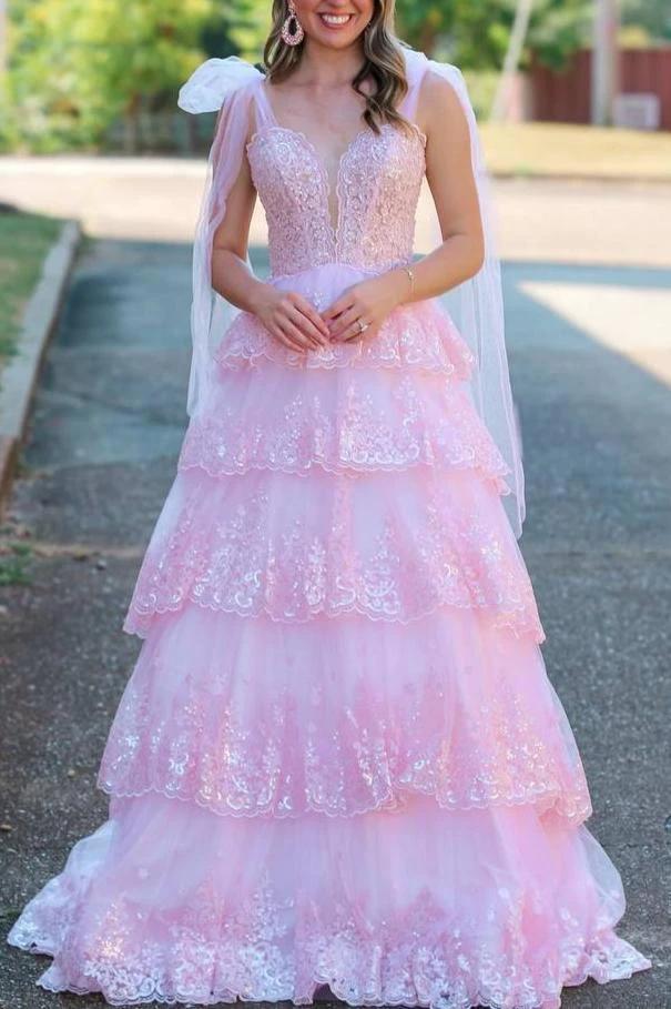 Thelma | Light Blue Tulle Appliques Tying Strap Ruffle Tiered Long Prom Dress - Image 7