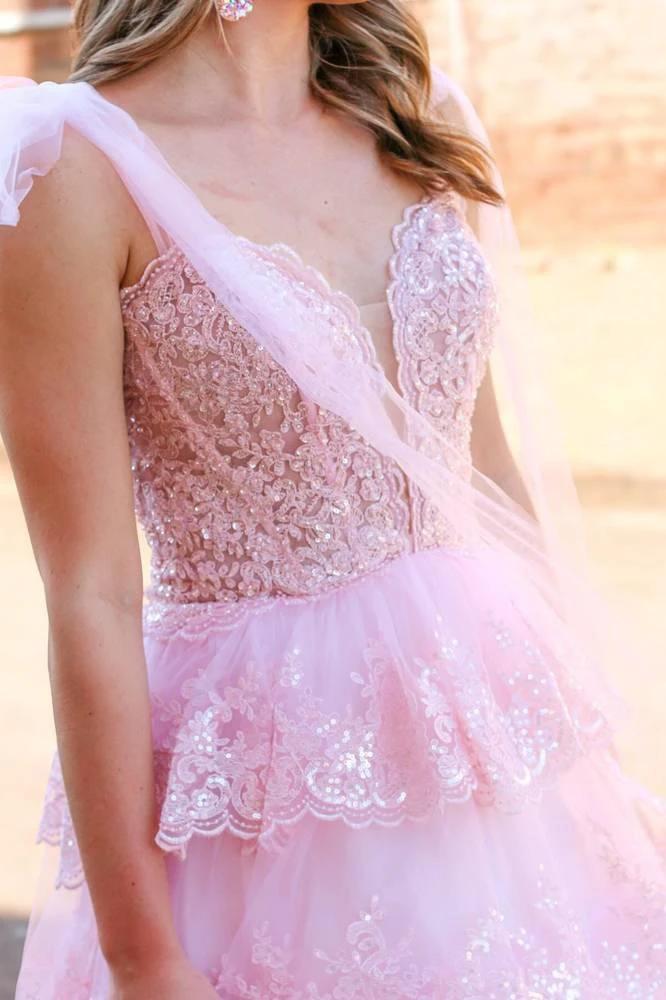 Thelma | Light Blue Tulle Appliques Tying Strap Ruffle Tiered Long Prom Dress - Image 8