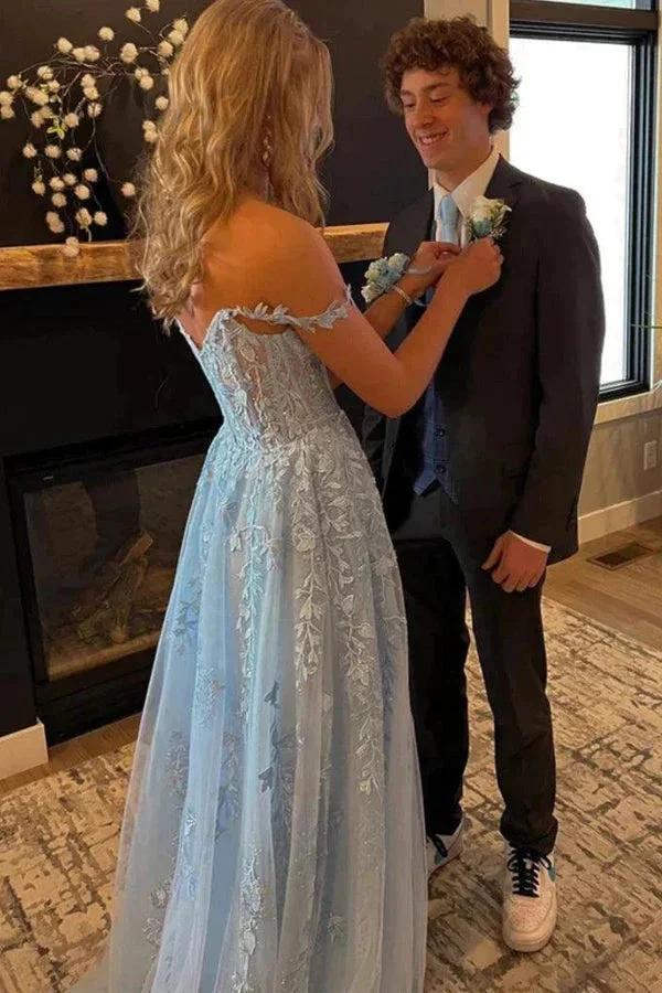 Light Blue Tulle Off Shoulder Long Prom Dresses With Lace Appliques  PSK421 - Image 2