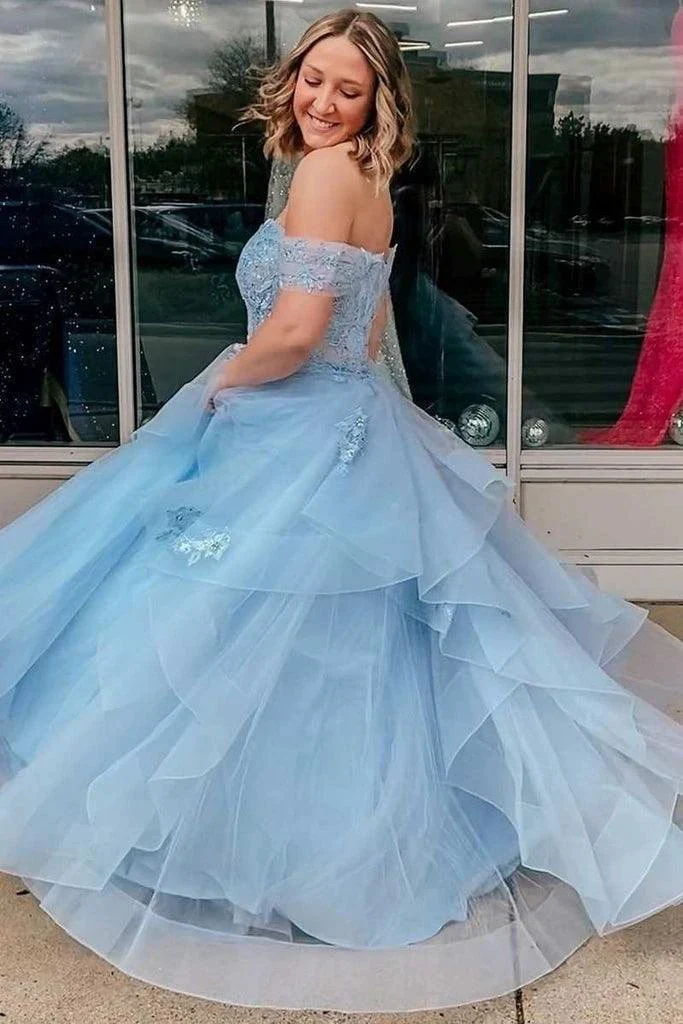 Light Blue Tulle Off-the-Shoulder Tiered A-Line Prom Evening Dress PSK400 - Image 3