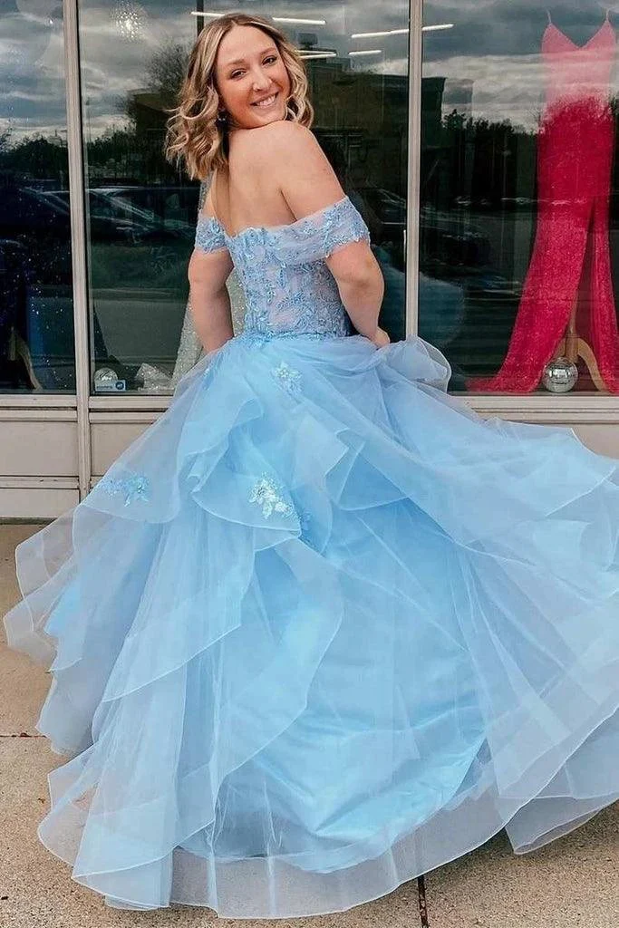 Light Blue Tulle Off-the-Shoulder Tiered A-Line Prom Evening Dress PSK400 - Image 4