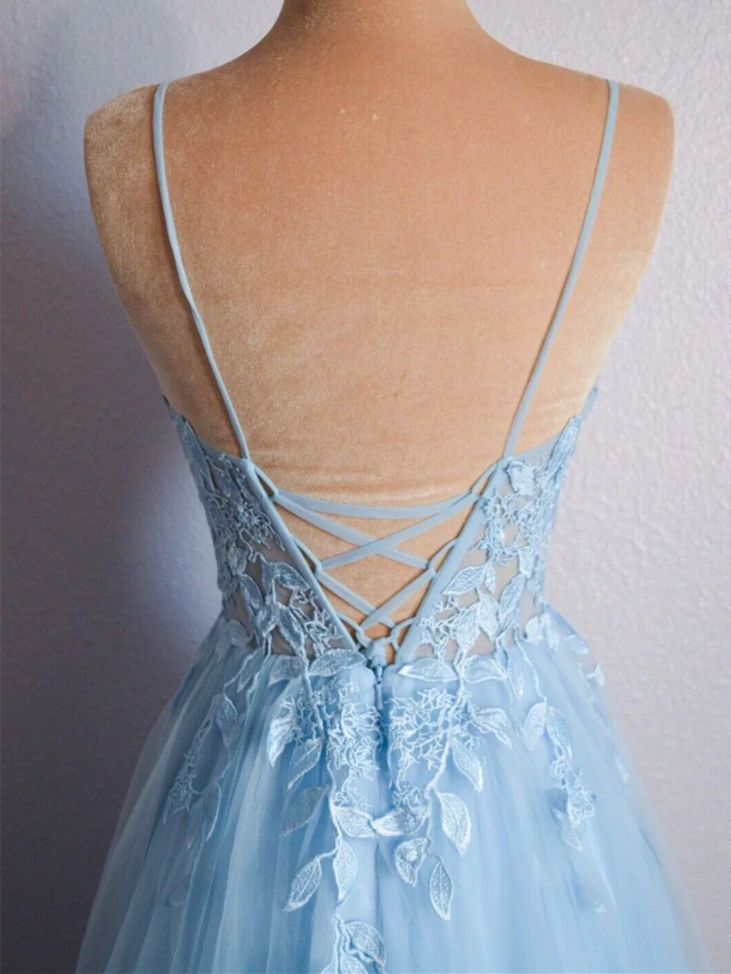 Cynthia | Light Blue V Neck Lace-Up Appliques Tulle Long Prom Dress - Image 10