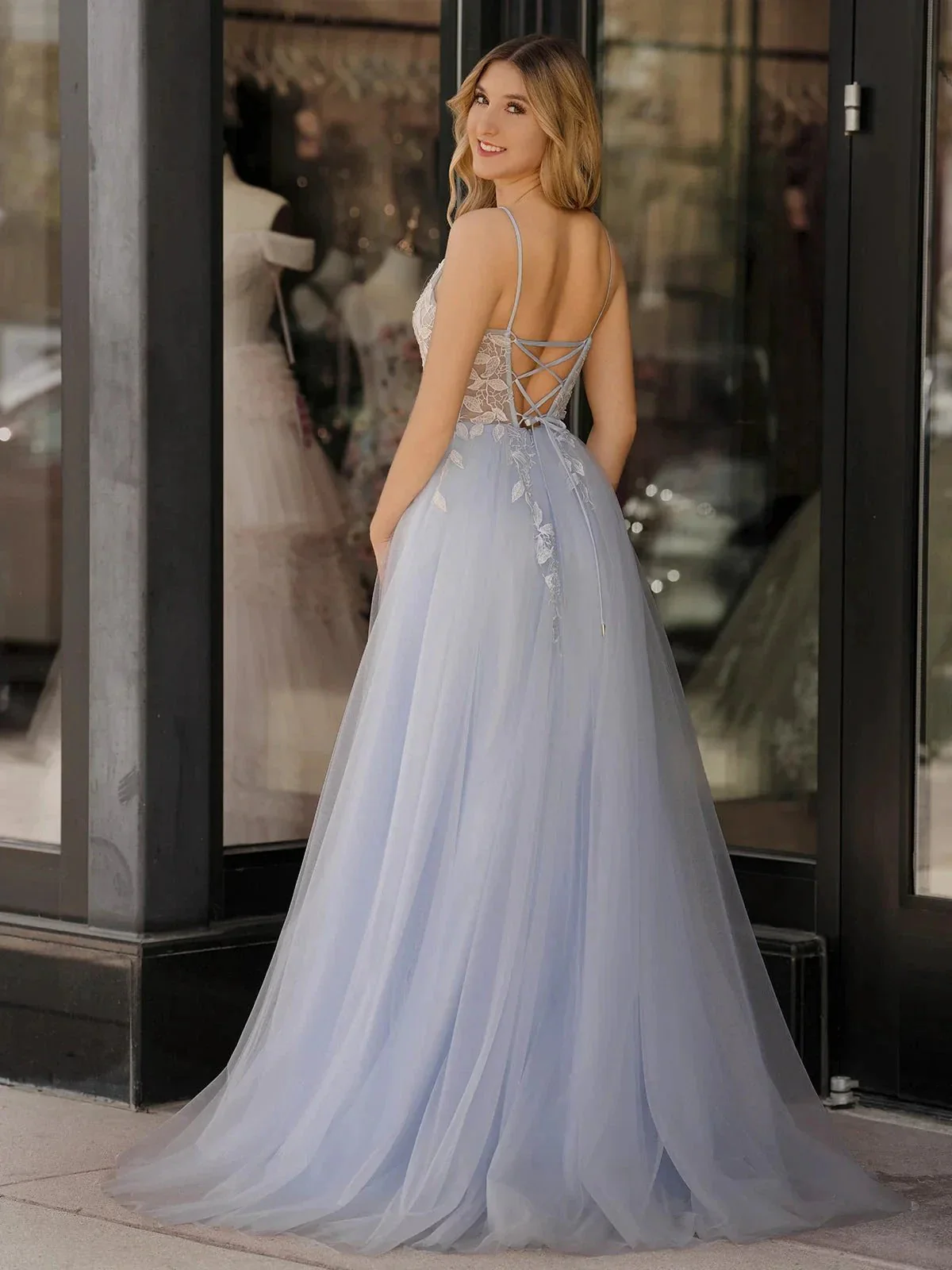 Cynthia | Light Blue V Neck Lace-Up Appliques Tulle Long Prom Dress - Image 2