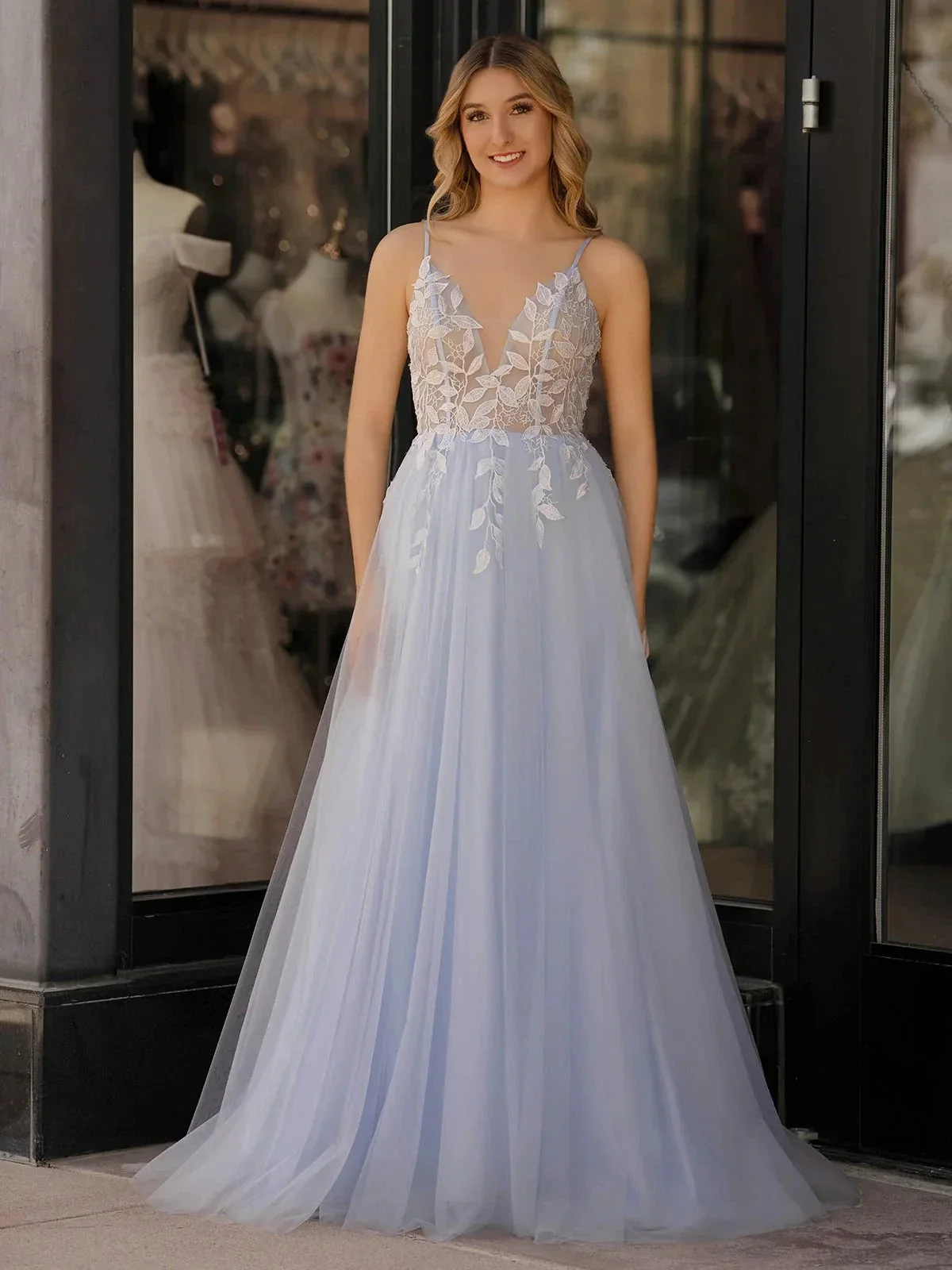 Cynthia | Light Blue V Neck Lace-Up Appliques Tulle Long Prom Dress - Image 3