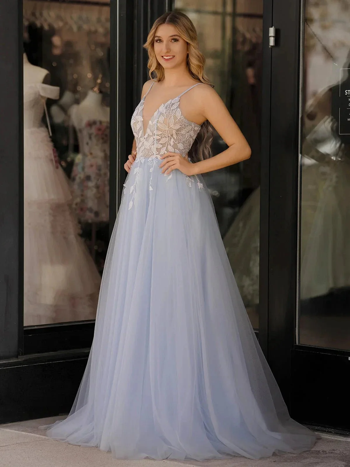 Cynthia | Light Blue V Neck Lace-Up Appliques Tulle Long Prom Dress - Image 4