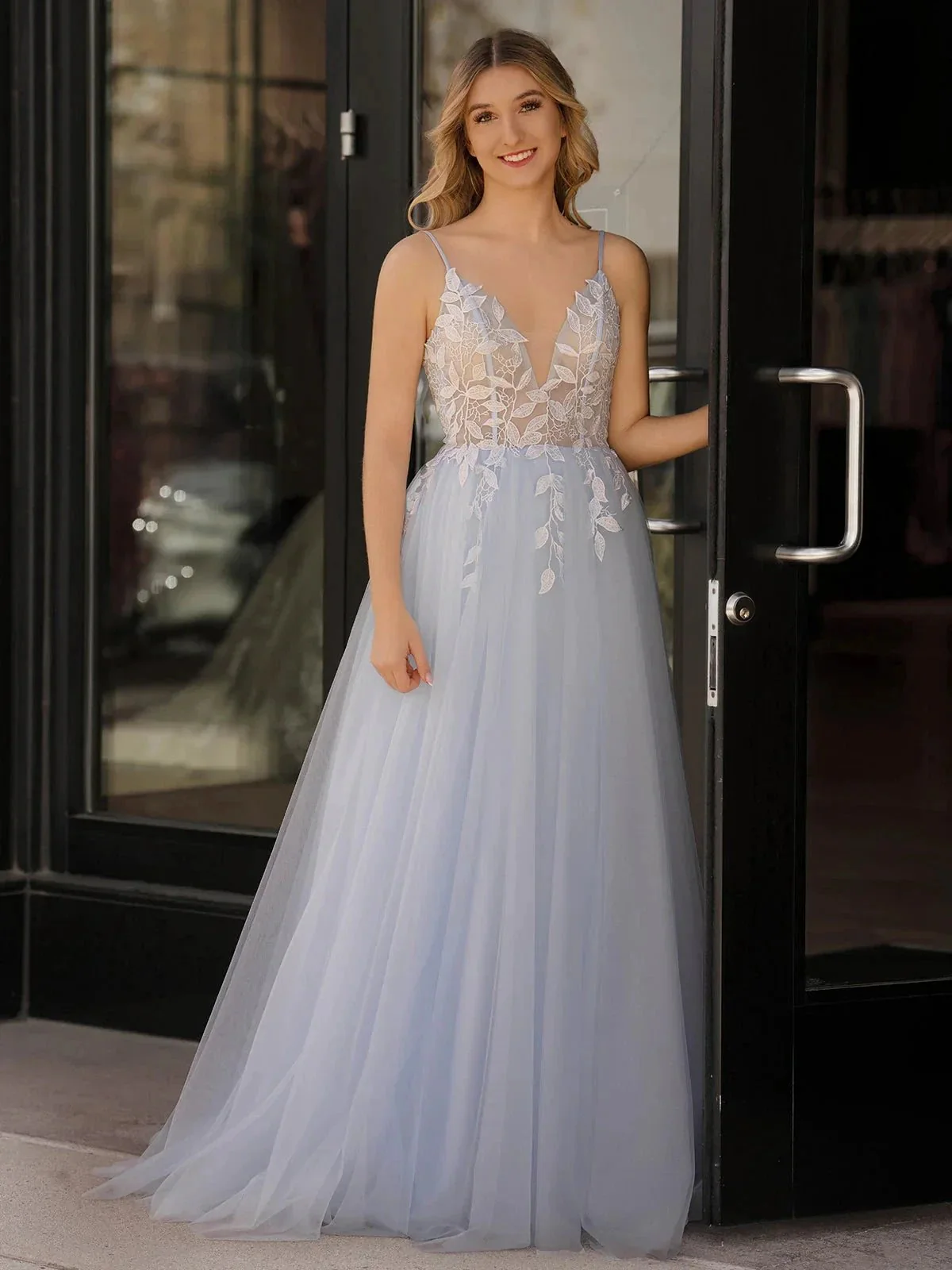 Cynthia | Light Blue V Neck Lace-Up Appliques Tulle Long Prom Dress - Image 5