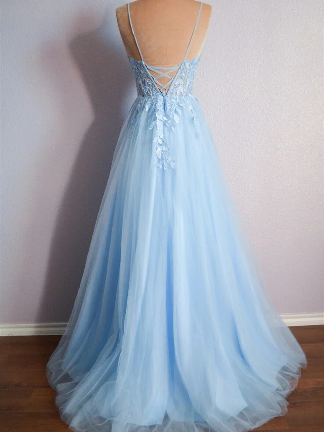 Cynthia | Light Blue V Neck Lace-Up Appliques Tulle Long Prom Dress - Image 8