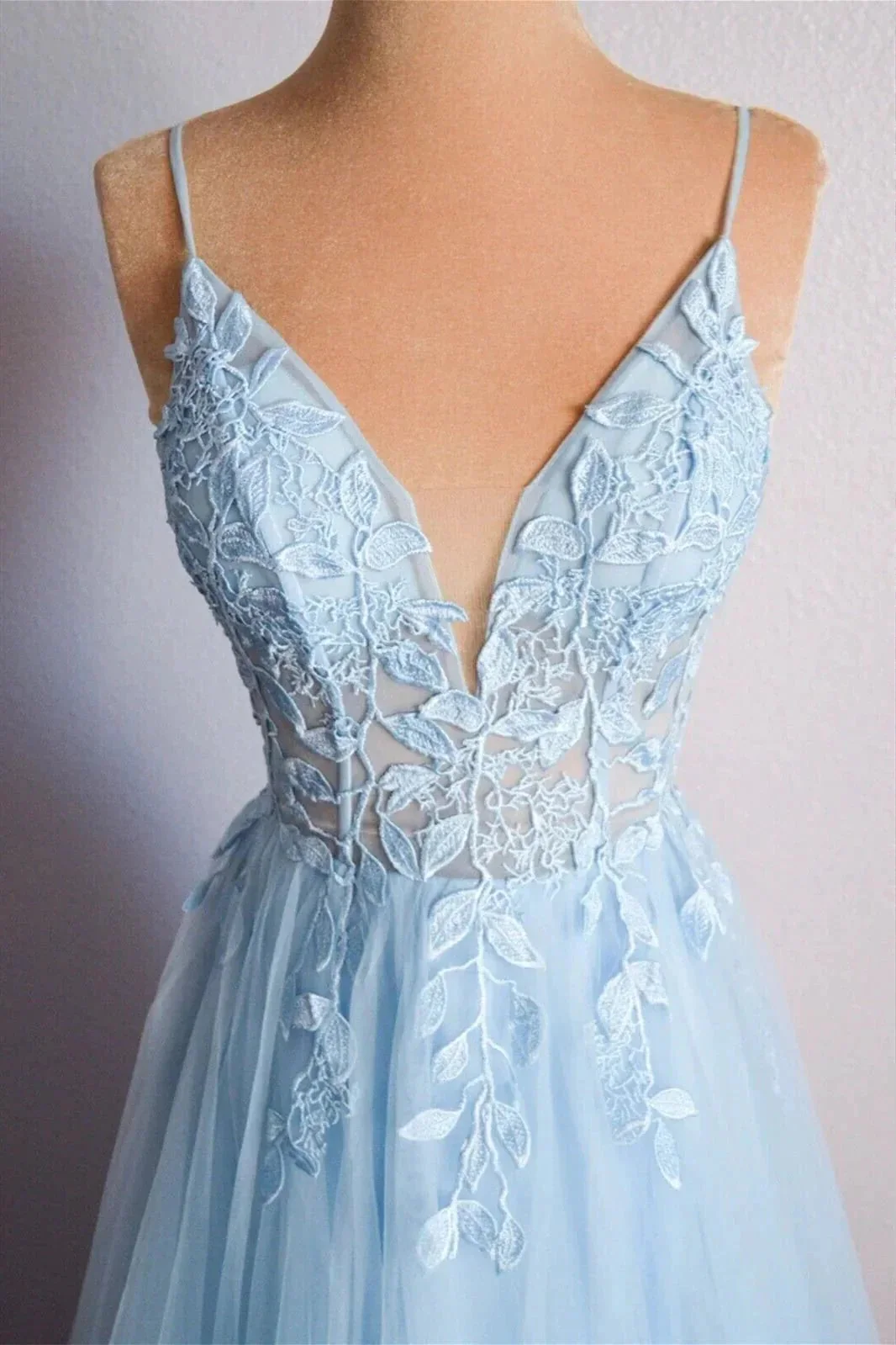 Light Blue V Neck Lace-Up Appliques Tulle Long Prom Dress Evening Dress  PSK439 - Image 3