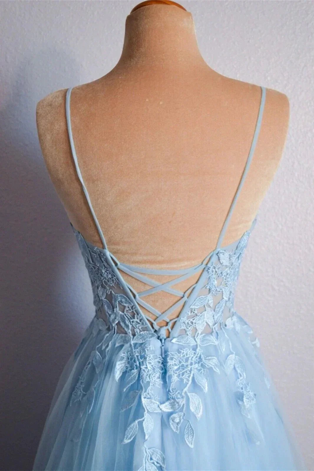 Light Blue V Neck Lace-Up Appliques Tulle Long Prom Dress Evening Dress  PSK439 - Image 4