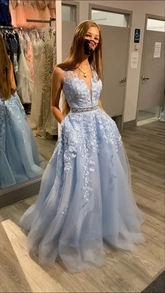Light blue v-neck long A-line prom dress new arrive evening dress Y6464 - Image 2