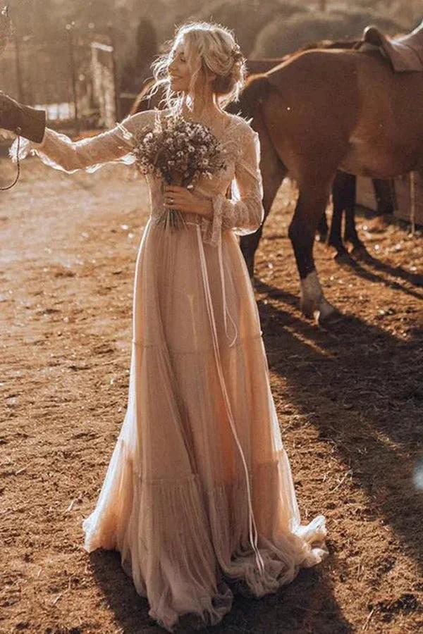 Light Brown Long Sleeve Boho Wedding Dress Rustic Wedding Dress WD741 - Image 2