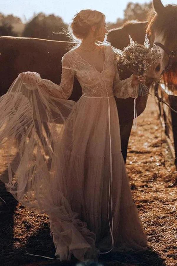 Light Brown Long Sleeve Boho Wedding Dress Rustic Wedding Dress WD741 - Image 3