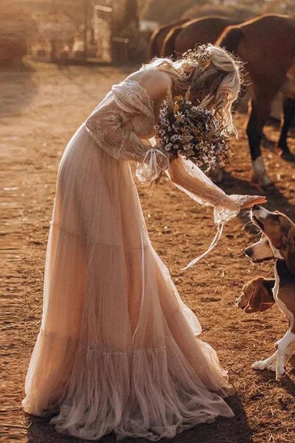 Light Brown Long Sleeve Boho Wedding Dress Rustic Wedding Dress WD741 - Image 4