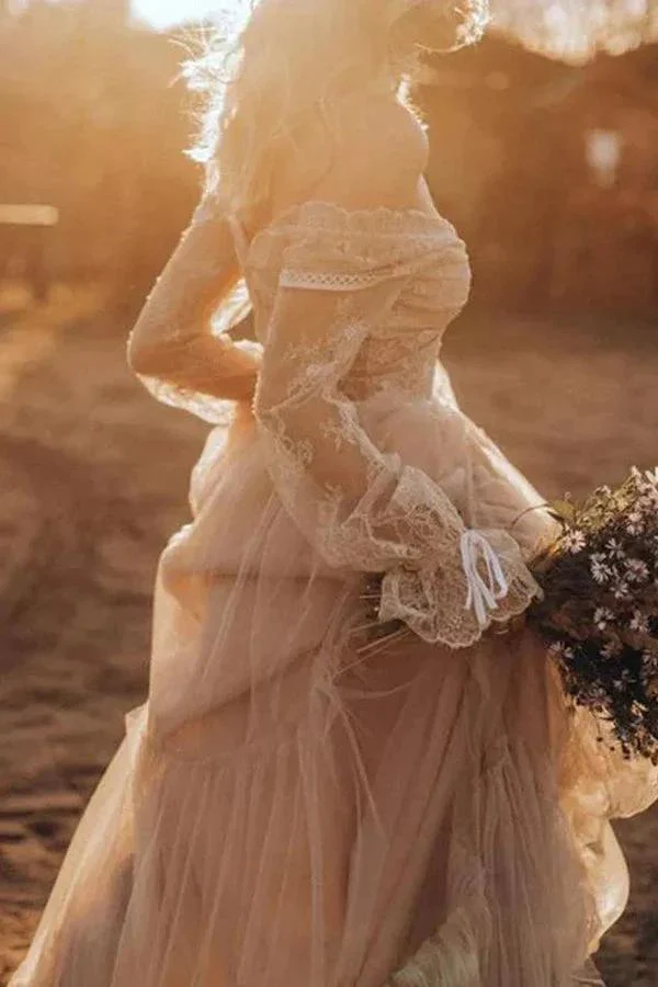 Light Brown Long Sleeve Boho Wedding Dress Rustic Wedding Dress WD741 - Image 5