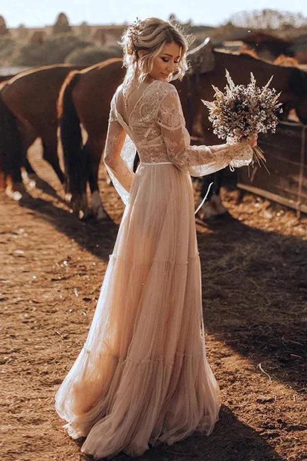 Light Brown Long Sleeve Boho Wedding Dress Rustic Wedding Dress WD741 - Image 6