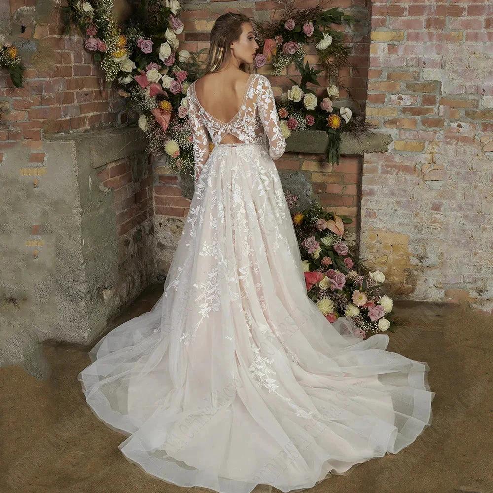Light Champagne Modern Wedding Dresses Backless Applique Bride Gowns A-Line Tulle V-Neck Long Sleeves vestido de noiva - Image 2