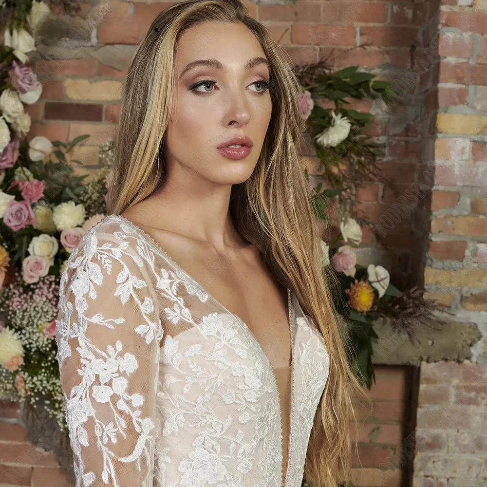 Light Champagne Modern Wedding Dresses Backless Applique Bride Gowns A-Line Tulle V-Neck Long Sleeves vestido de noiva - Image 3