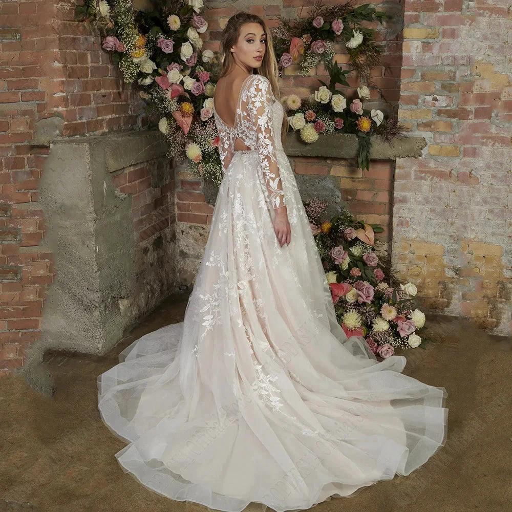 Light Champagne Modern Wedding Dresses Backless Applique Bride Gowns A-Line Tulle V-Neck Long Sleeves vestido de noiva - Image 4
