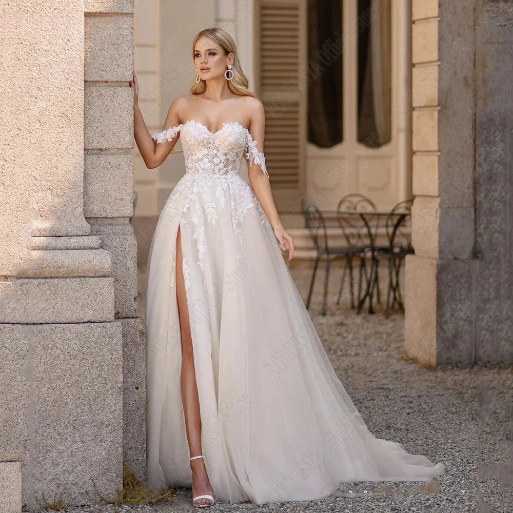 Light Champagne Pastrol Wedding Dresses Off Shoulder Sweetheart Bride Gowns Side Split A-Line Tulle Vestido De Novia - Image 2