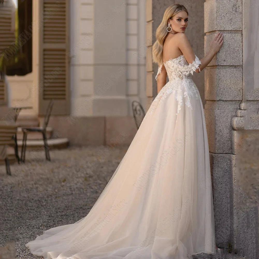 Light Champagne Pastrol Wedding Dresses Off Shoulder Sweetheart Bride Gowns Side Split A-Line Tulle Vestido De Novia - Image 3