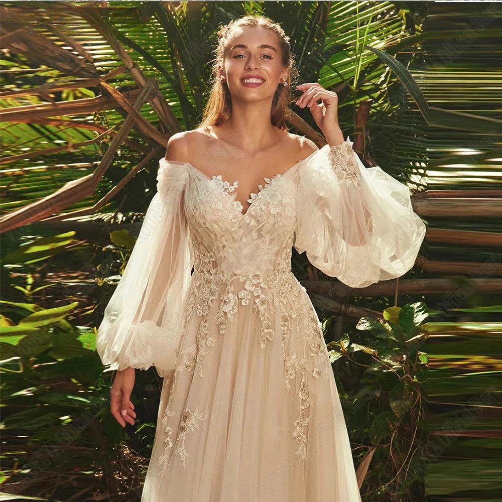 Light Champagne Wedding Dresses Pastrol Puff Long Sleeves 3D Flowers Bride Gowns A-Line Sexy Backless vestidos de novia - Image 2