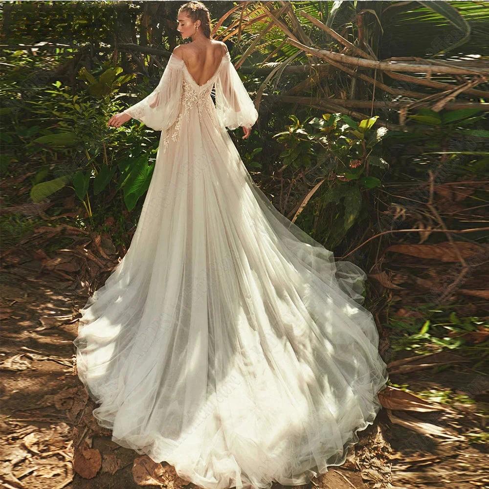 Light Champagne Wedding Dresses Pastrol Puff Long Sleeves 3D Flowers Bride Gowns A-Line Sexy Backless vestidos de novia - Image 3