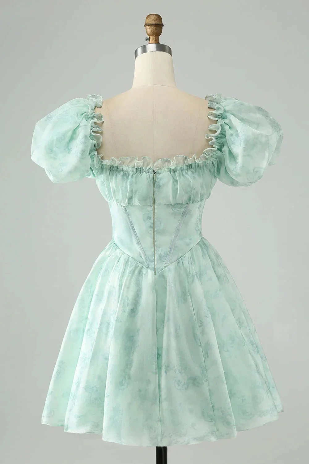 Cute Light Green A Line Square Neck Floral Short Homecoming Dress with Ruffles - Image 2