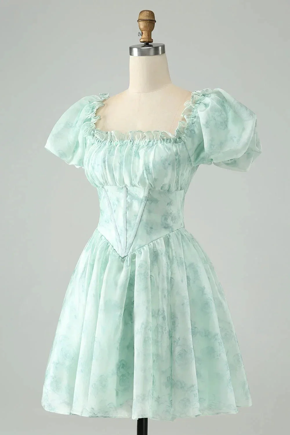 Cute Light Green A Line Square Neck Floral Short Homecoming Dress with Ruffles - Image 3