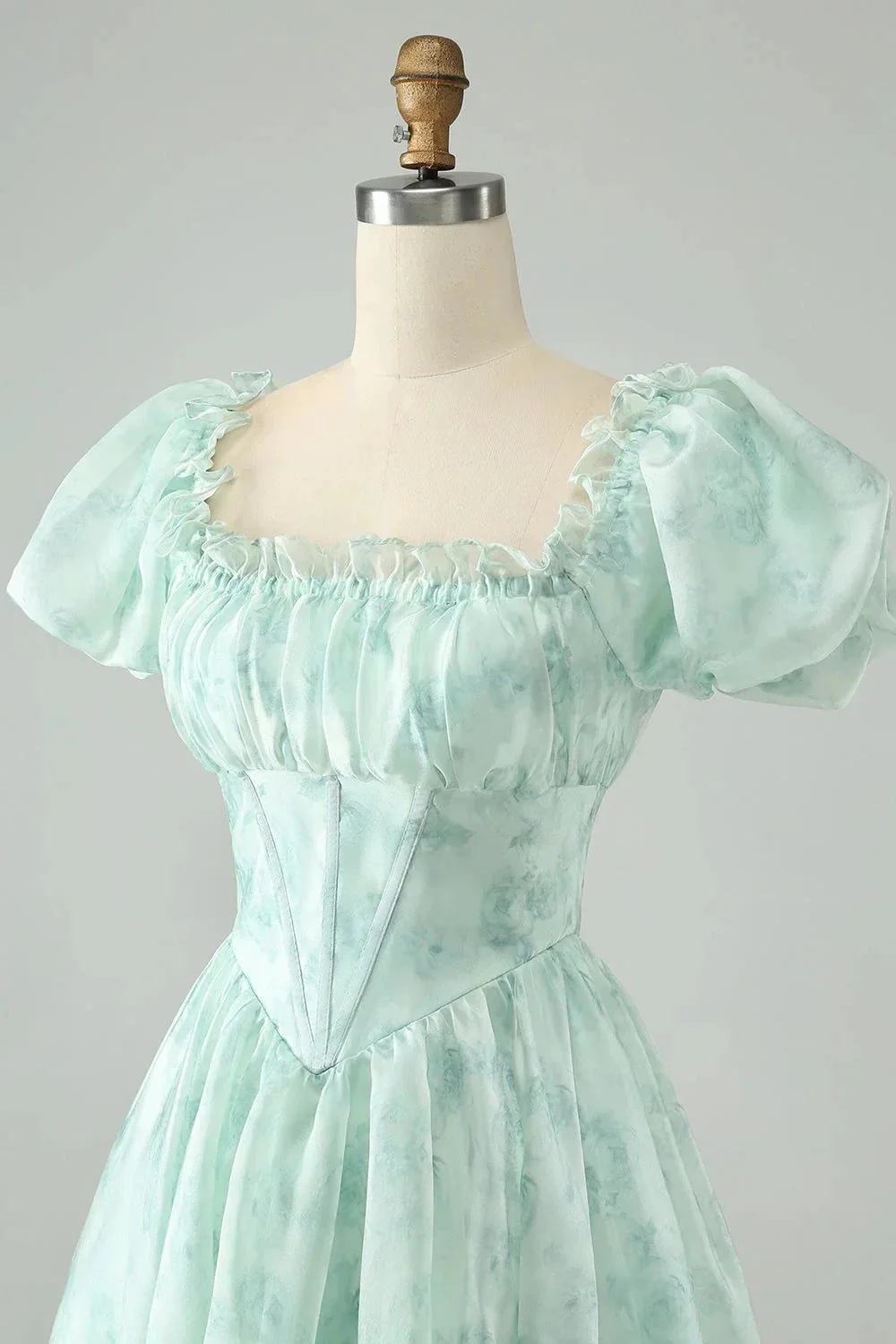 Cute Light Green A Line Square Neck Floral Short Homecoming Dress with Ruffles - Image 6