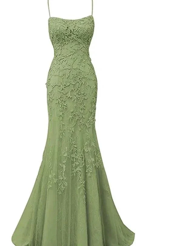 Sage Green Lace Appliques Dresses Long Prom Dress Mermaid Spaghetti Straps Evening Dress Y295 - Image 2