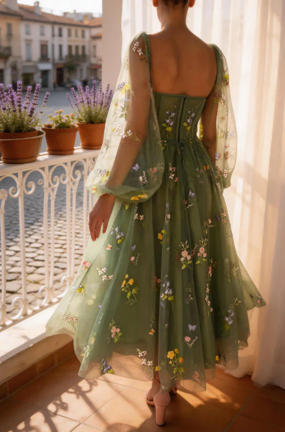 Light Green Embroidered Tulle dress Evening Dress Puffy Long Sleeve PSK304 - Image 3
