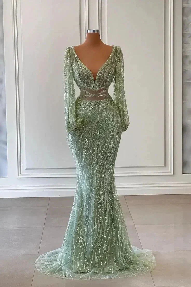 Light Green Long Sleeves V-Neck Mermaid Evening Dress With Sequins Beads Y6659 - Image 2