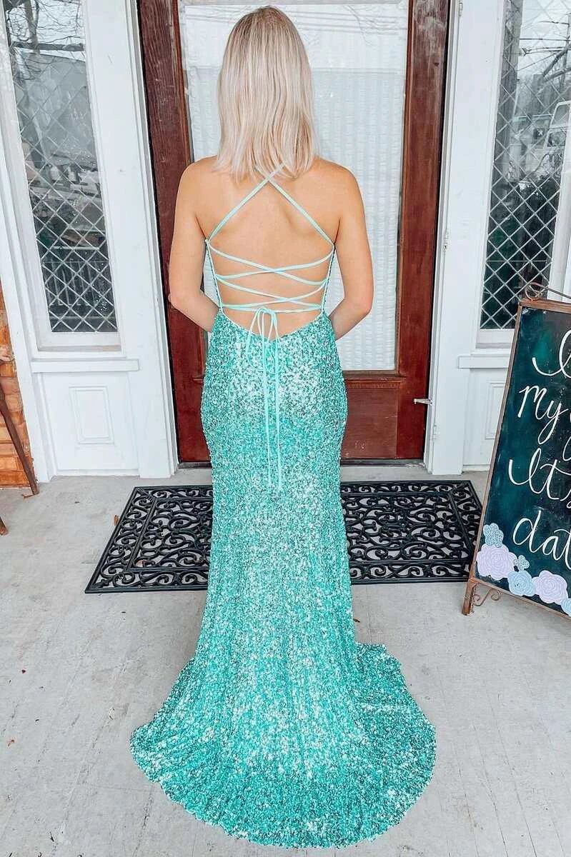 Light Jade Sequin Lace-Up Back Mermaid Long Prom Dress - Image 2