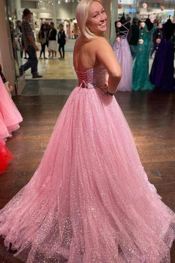 Light Pink A-Line Floor Length Strapless Sparkly Tulle Long Prom Dress  PSK411 - Image 2