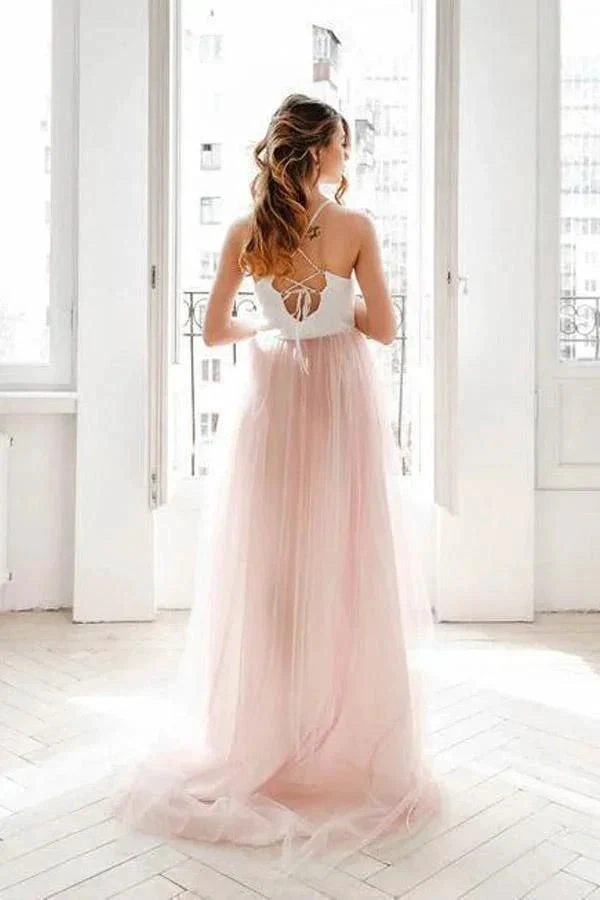 Light Pink Wedding Dresses Spaghetti Strap Tulle Beach Wedding Dress WD338 - Image 2