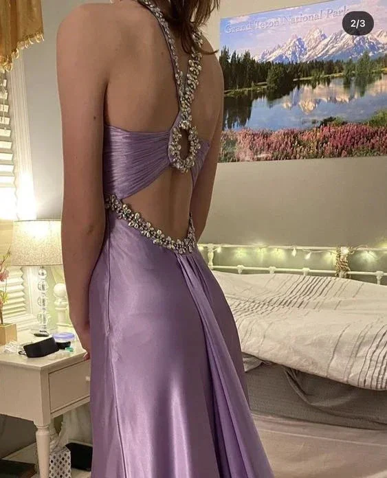 Light purple satin beaded long prom evening dresses Y6335 - Image 2