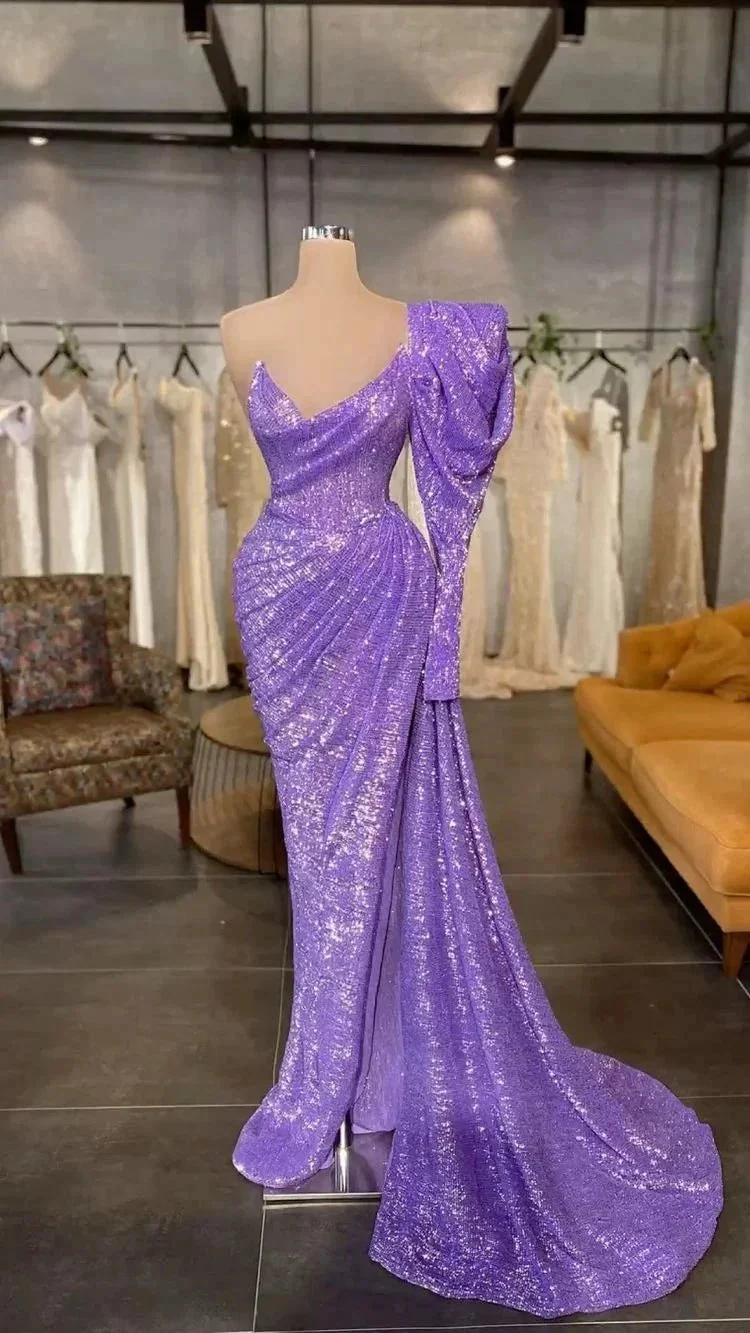 Light Purple Sequins Long Prom Dress Removable Sleeve,Charming Evening Dress Y711 - Image 2