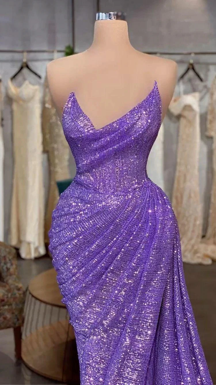 Light Purple Sequins Long Prom Dress Removable Sleeve,Charming Evening Dress Y711 - Image 3